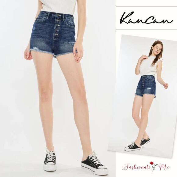KanCan High Rise Raw Hem Button Fly Distressed Detail Dark Washed Denim Shorts